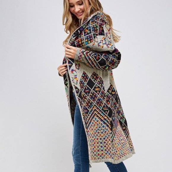 new ON BLUE SWEATER Yellowstone CARDIGAN BOHO WESTERN AZTEC rainbow DUSTER XS-S - Picture 8 of 9